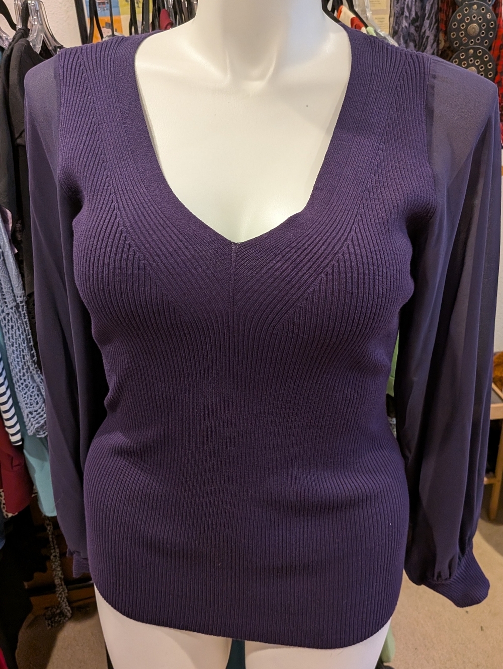 White House Black Market Purple V-Neck Ribbed Sweater - L